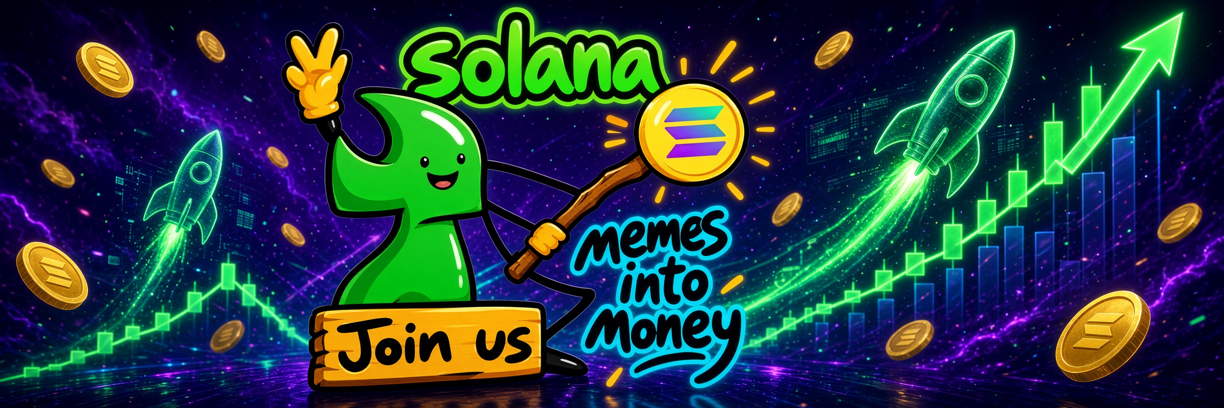 Memes Into Money banner, the MIM wizard on a cosmic Solana chart